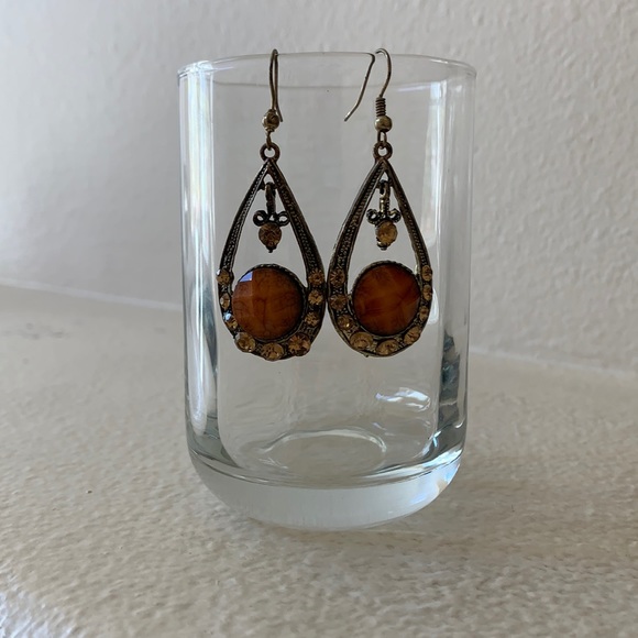 Vintage Metal and Orange Stone and Crystal Drop Earrings - Picture 4 of 11